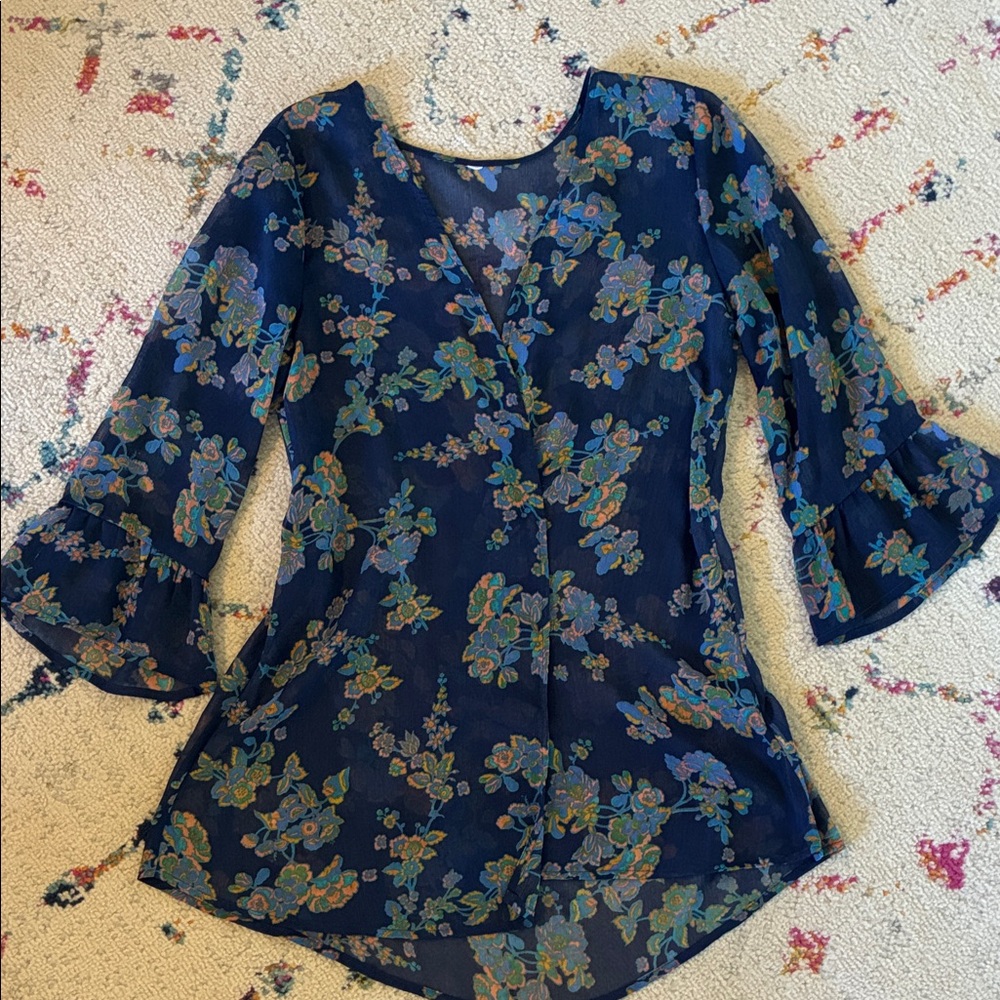 Floral Navy Blue Women's Top -Sheer Cover S/M